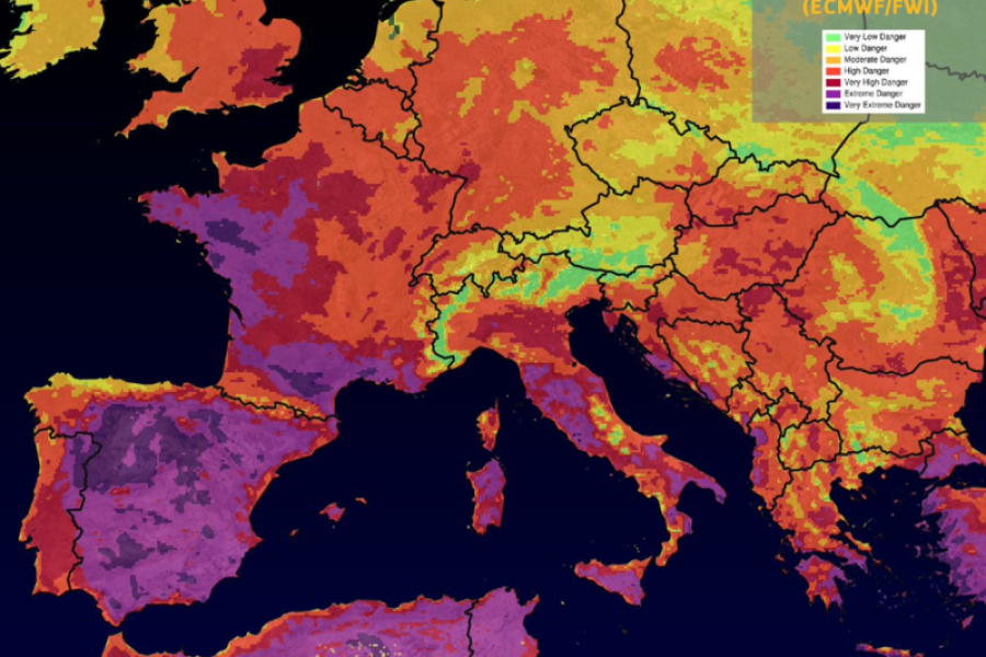A map showing the fire danger forecast across Europe.