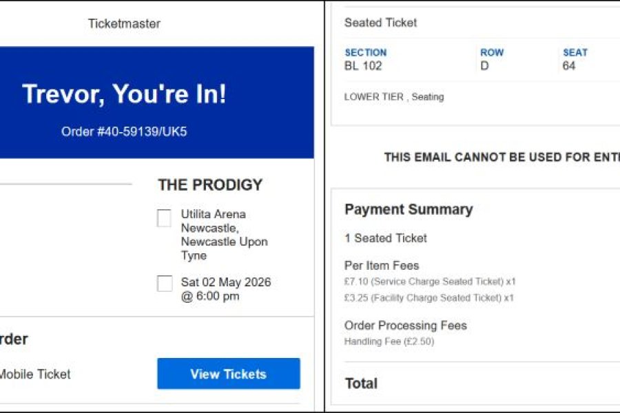 Ticket showing the mark-up on a gig by The Prodigy at Newcastle.